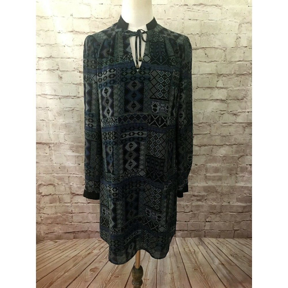 Forever 21 Womens Size S Southwest Pixel Print Shift Dress Sheer Long Sleeve NEW